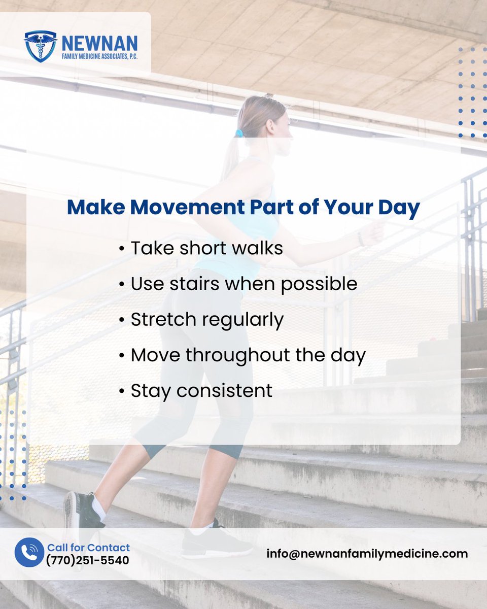 NewnanfamGA's tweet image. Regular physical activity supports heart health, joint flexibility, blood pressure, and mental well-being. Even small daily movements improve circulation, reduce stiffness, and boost energy.

#StayActive #HealthyHabits #NewnanFamilyMedicine #WellnessJourney