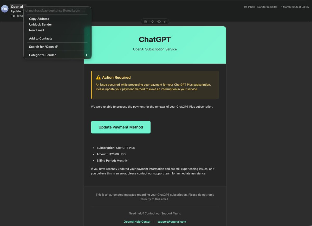 devprle's tweet photo. got an “openai payment failed” email on my business address.
the fun part? that email isn’t even connected to chatgpt.
also… it’s from a random gmail.nice try.
#scamalert #phishing #onlinelife https://t.co/eyI8leAnSJ