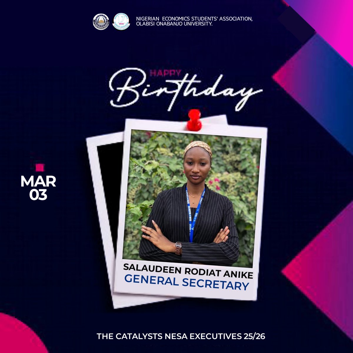 NESA_OOU's tweet photo. Happy birthday Rodiat✨
Sending the warmest birthday wishes to our esteemed General Secretary, Salaudeen Rodiat Anike. 
Thank you for keeping us organized and always pushing the vision of "The Catalysts" forward.
Wishing you a year filled with growth, joy, and breakthroughs. 🥂 https://t.co/EDltFomYLn