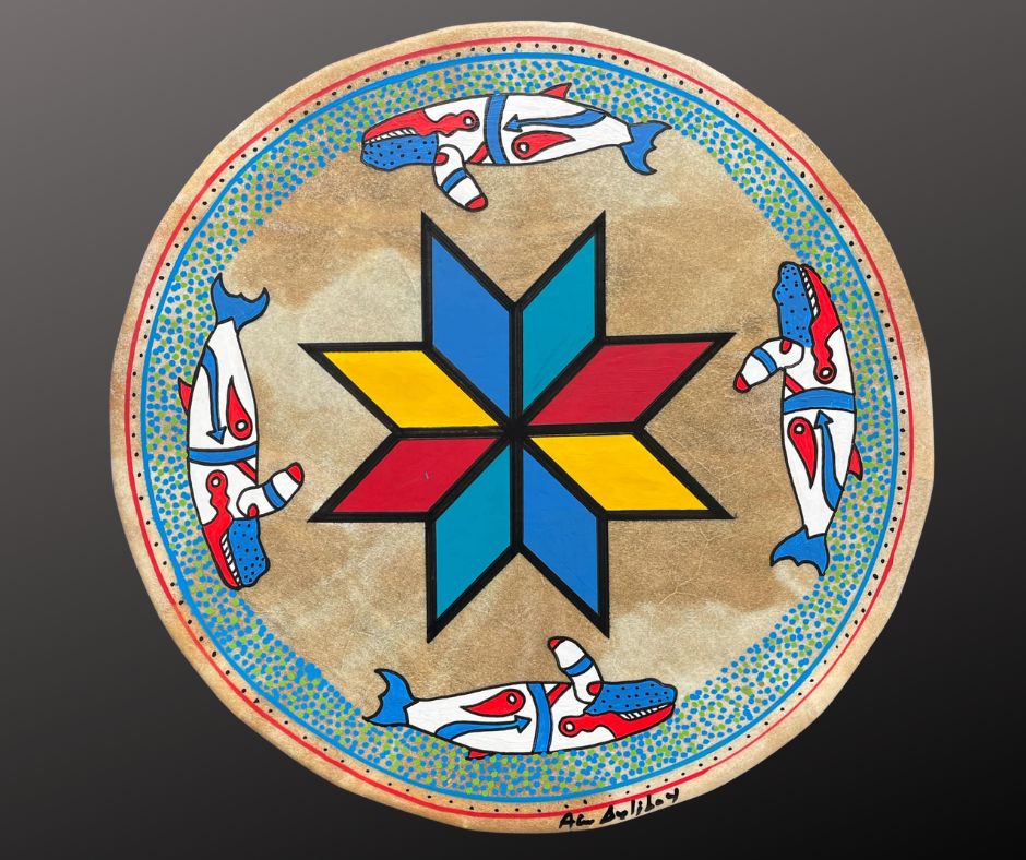 March 3, 2026
The Daily Drum

Today I am featuring the “Eight Pointed Star” surrounded by four whales.
The eight-point star is believed to be an updated version of the seven-point star; which the Mi’kmaq used to represent the seven districts of their nation.