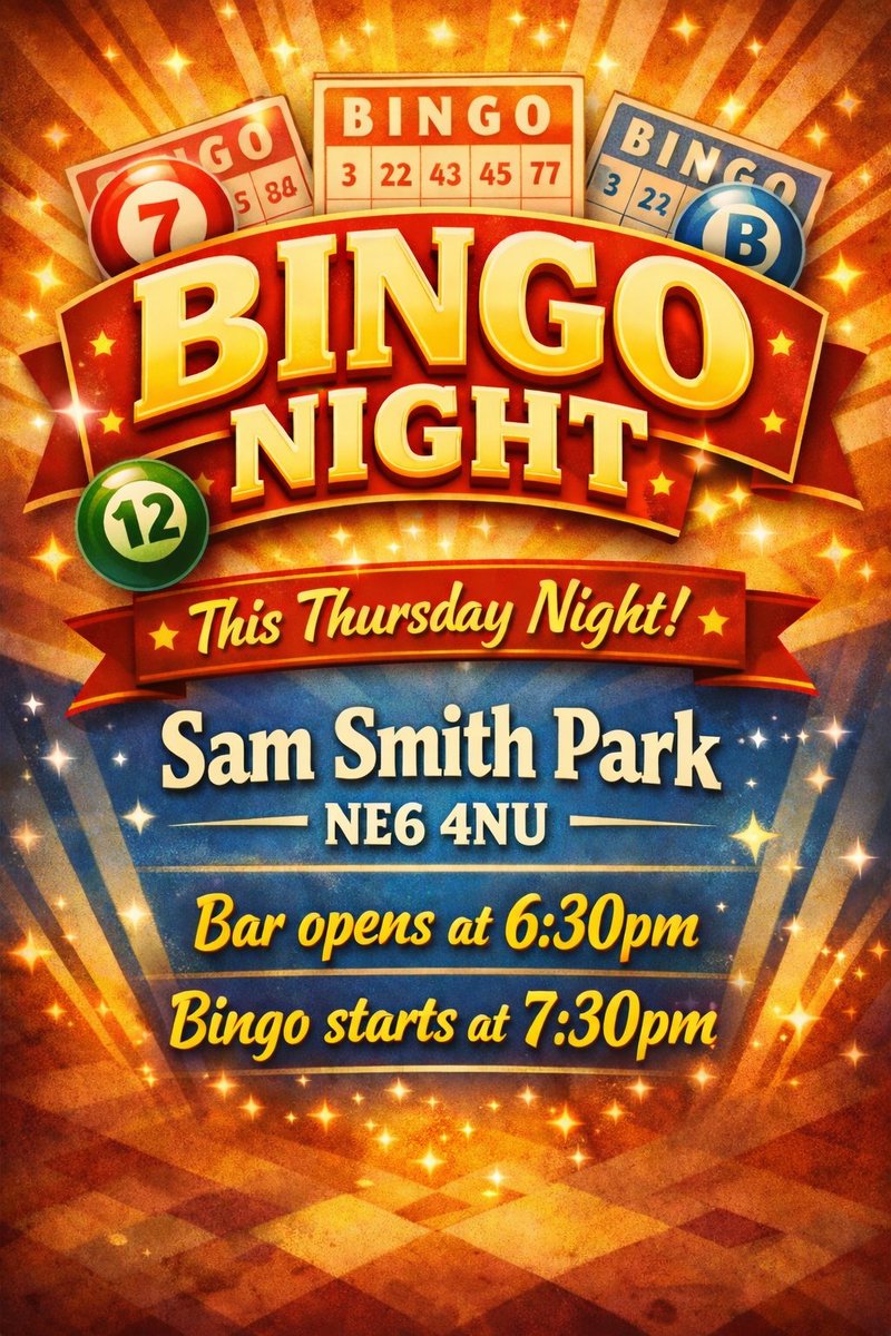 NBFC_Official's tweet image. 🎉✨ Eyes down, dabbers ready! ✨🎉
Join us for an exciting Bingo Night this Thursday at Sam Smith Park (NE6 4NU)!
🍻 Bar opens at 6:30pm
🔢 Bingo starts at 7:30pm
Big prizes, great vibes, and a night full of laughs – don’t miss your chance to shout BINGO! 🎊💰