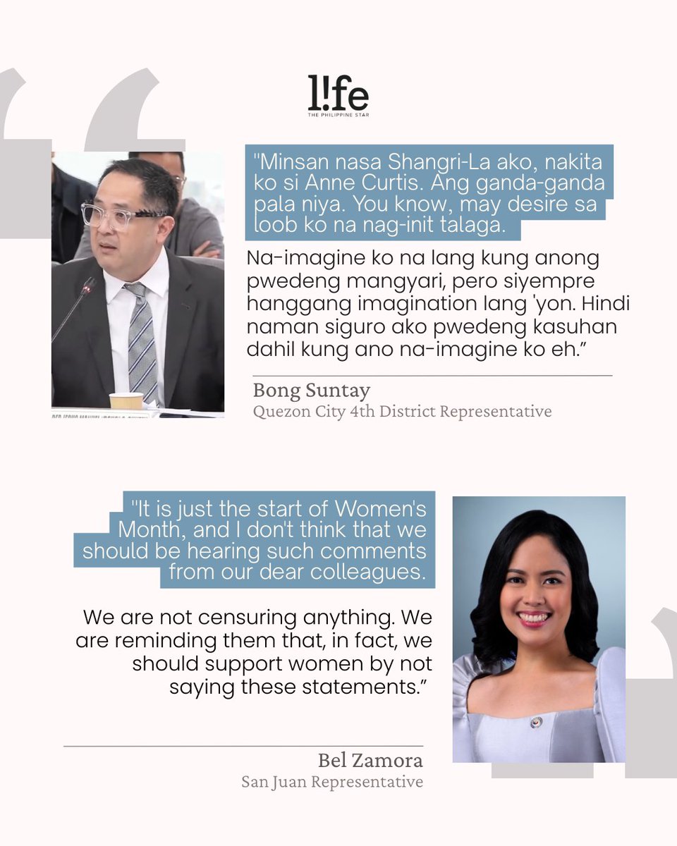 philstarlife's tweet photo. Quezon City 4th District Rep. Bong Suntay drew ire in Congress for inappropriate remarks about Anne Curtis, prompting Rep. Bel Zamora to demand they be stricken from the record.

READ: https://t.co/jzPX784cSo https://t.co/h9xBRDODlS