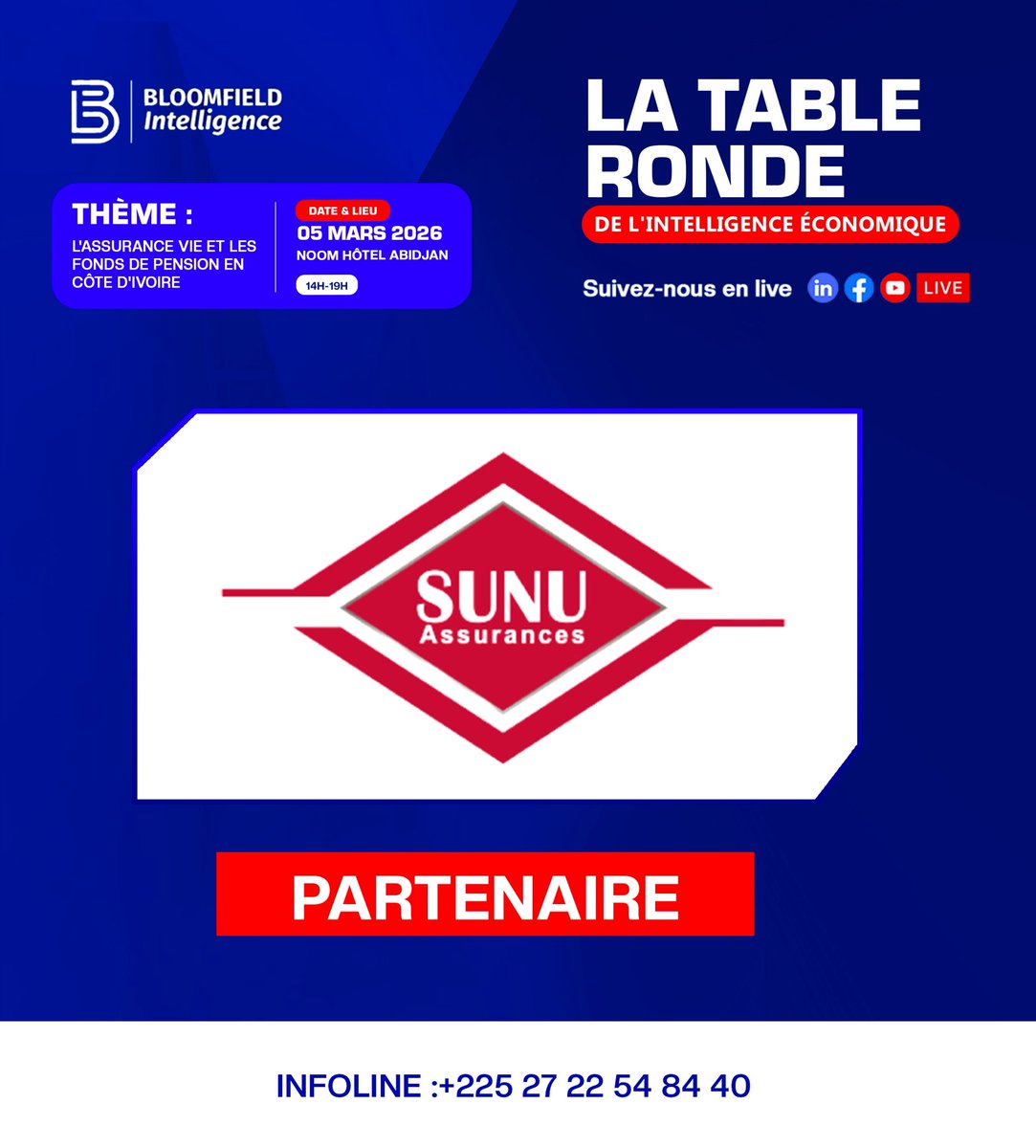 Bloomfield Intelligence s’associe à SUNU Assurances Côte d'Ivoire pour La Table Ronde de l’Intelligence Économique, dédiée à l’épargne longue et au financement de l’économie ivoirienne.
📅 05 mars 2026 – 📍 Noom Hôtel Abidjan
🔗 Inscription : forms.gle/DvD5qCugvBj4KG…