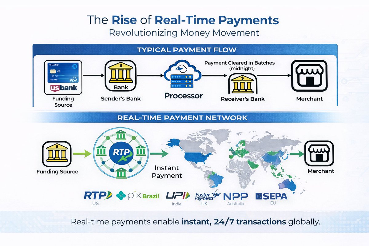 CryptoEduSchool's tweet photo. The banking system is no longer waiting for midnight. ⏱️
Real-time payment networks are transforming global finance by enabling instant, 24/7 settlement -improving liquidity, reducing friction, and redefining how money moves worldwide.

#RealTimePayments https://t.co/cv79Sxdxab