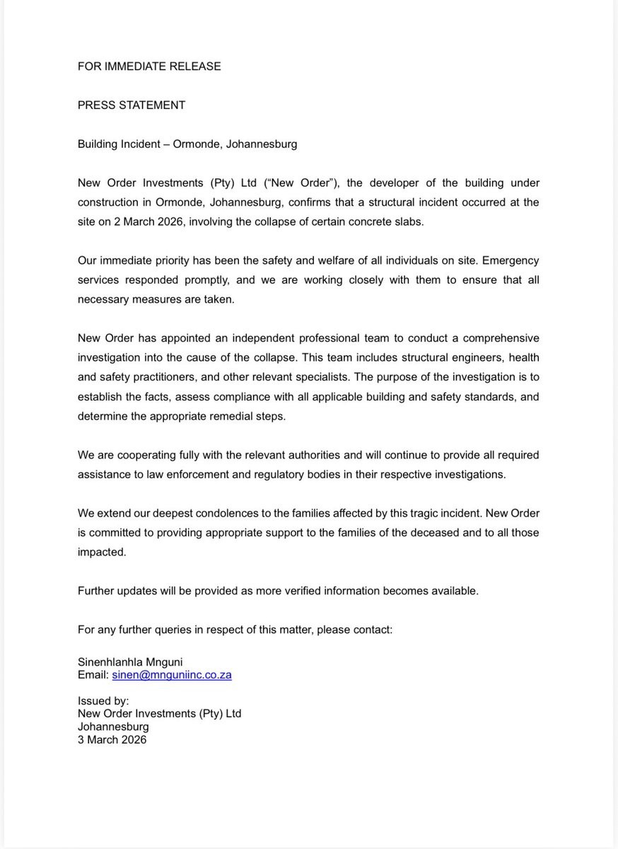 MnguniSn's tweet photo. FOR IMMEDIATE RELEASE

PRESS STATEMENT

Building Incident – Ormonde, Johannesburg https://t.co/gmmojGVFoX