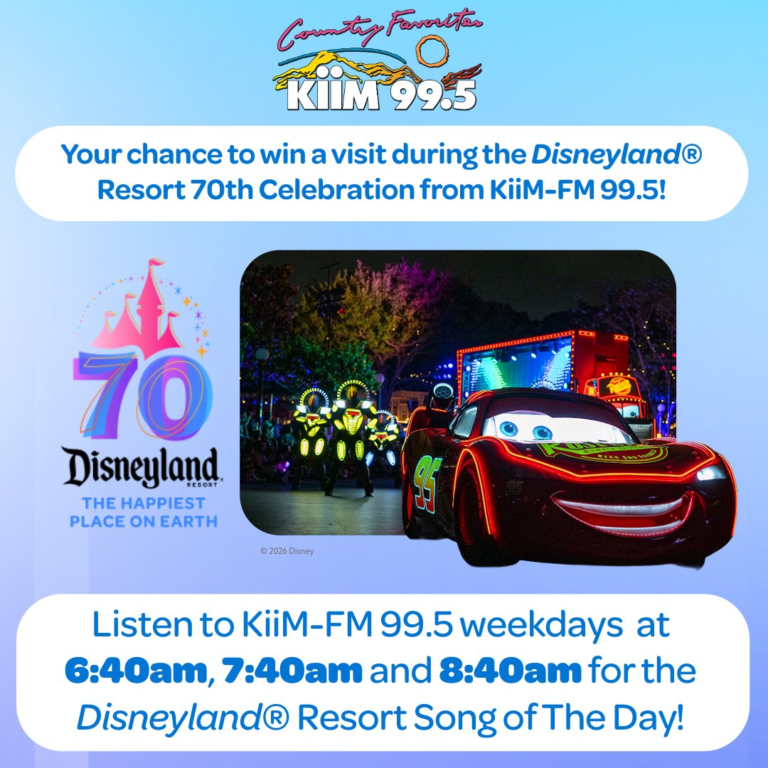 Starting 3/9, listen to KiiM-FM weekday mornings at 6:40am, 7:40am and 8:40am. We’ll announce that day’s Disneyland® Resort Song of the Day and tell you when to listen for your chance to win four 2-Day, 1-Park per day Disneyland® Resort tickets AND qualify for the grand prize!