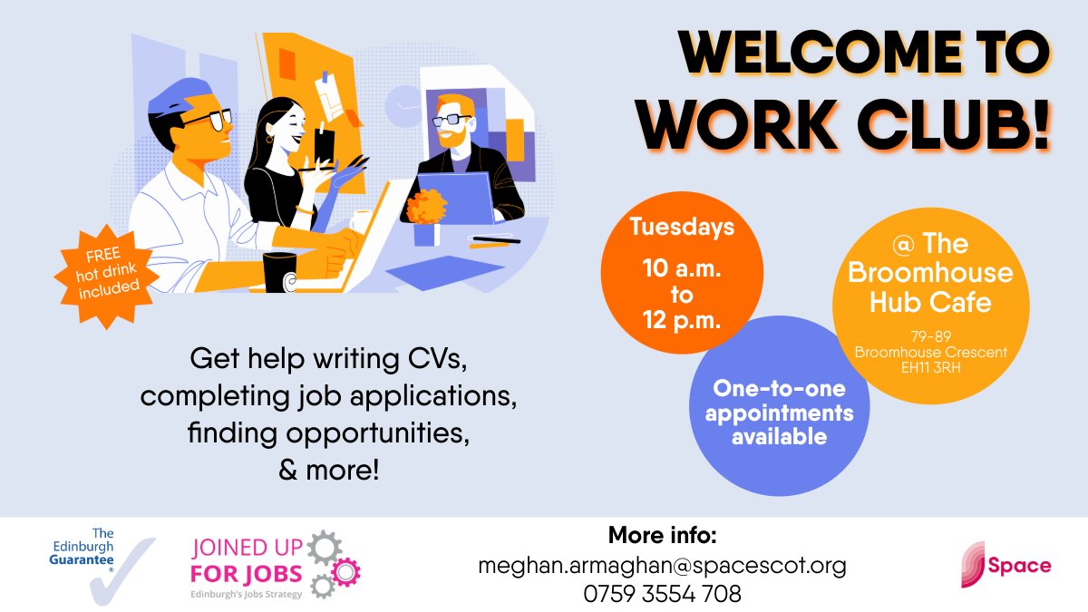 SpaceBroomhouse's tweet image. Welcome to @SpaceBroomhouse's #WorkClub! 💼

Anyone aged 16+ is invited to drop in every Tuesday from 10 a.m.-12 p.m. for support finding work opportunities (&amp;amp; a cheeky wee breakfast from the cafe).

#work #JobHunt #JobSearch