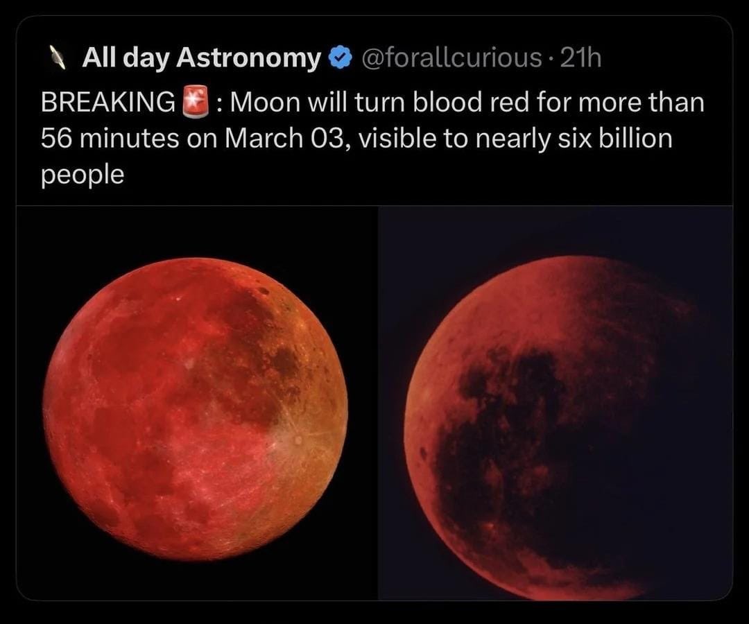 rizvijee9's tweet photo. "It is narrated from Imam Muhammad al-Baqir (a):

'Before the reappearance of Imam Mahdi (a), two signs will occur that have never happened since the creation of Adam (a) until that time: a solar eclipse in the middle of Ramadan, and a lunar eclipse at the end of Ramadan.
#BBB26 https://t.co/tK1L19taoE