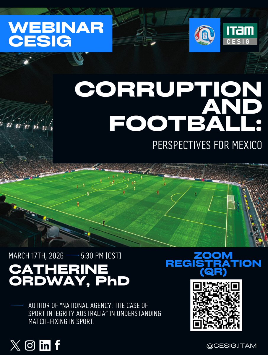 Ya es marzo: no te pierdas los eventos CESIG-ITAM.

⚽️ Webinar “Corruption and Football” (rumbo al #Mundial2026): 17 mar | 5:30 pm (CST) | Virtual

🛡️ Libro “Seguridad Nacional en México” en ITAM Río Hondo: 25 mar | Presencial

#CESIG #ITAM #SeguridadNacional #México