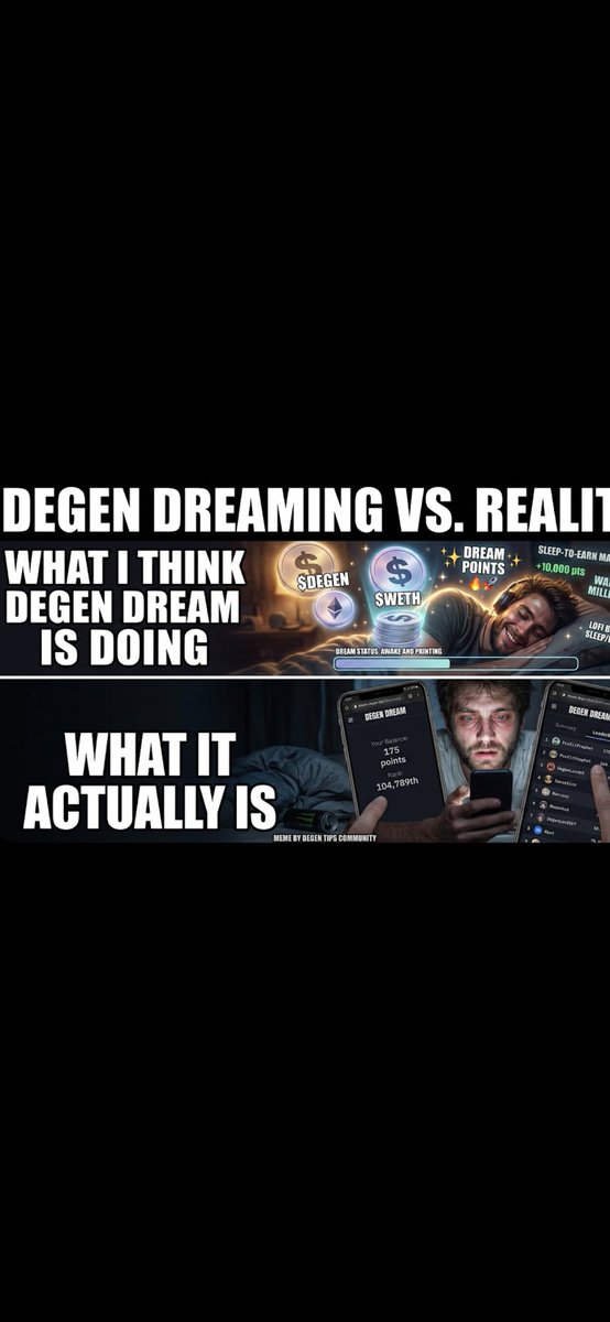 Sleep is the new staking. 💤 <a href="/degentokenbase/">Degen 🎩</a>
I thought I was printing $DEGEN in my sleep, but I’m actually just fighting for my life at rank #104,789. The grind never stops, even when I’m unconscious.
🔗  dream.degen.tips/login?ref=Hasn…
#DegenDream #SleepToEarn #CryptoMemes