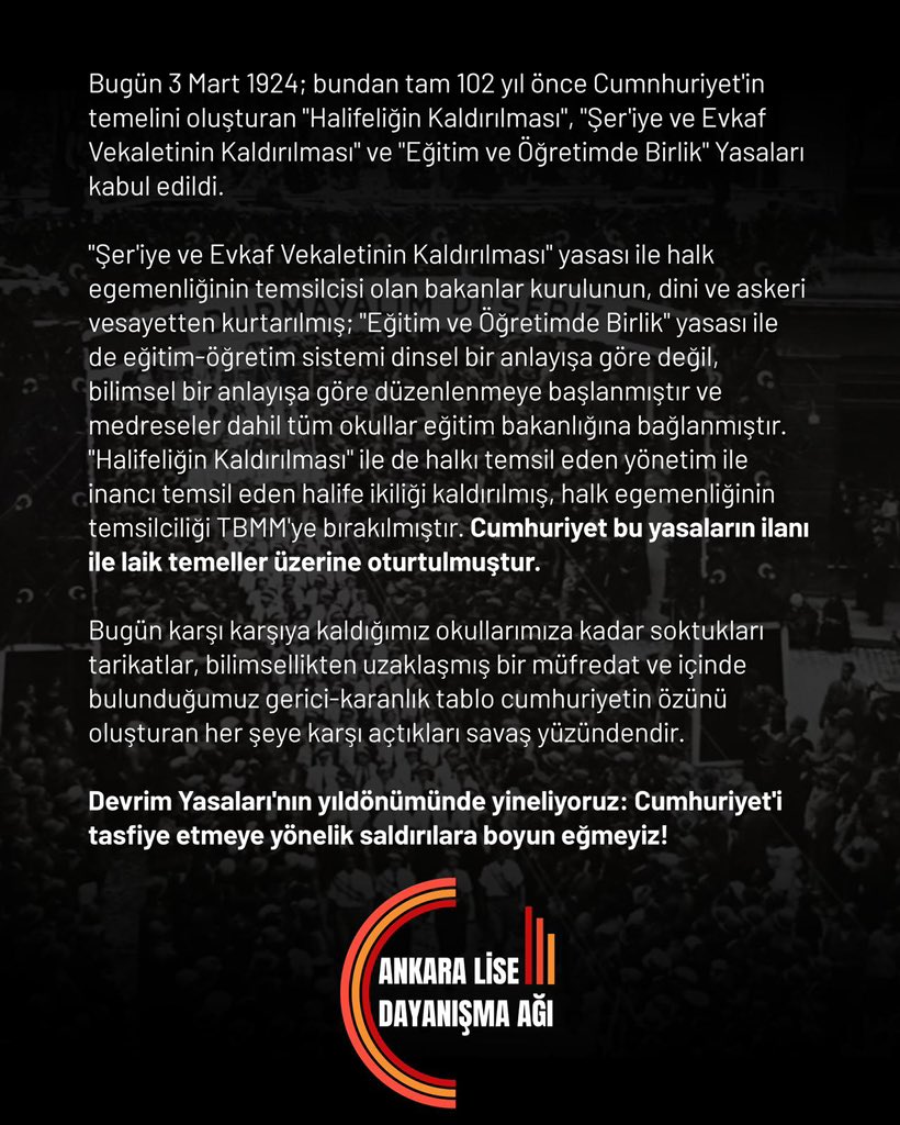 ankaradayanisma's tweet photo. Devrim Yasaları'nın yıldönümünde yineliyoruz: Cumhuriyet'i tasfiye etmeye yönelik saldırılara boyun eğmeyiz! https://t.co/UrGbBxFozi