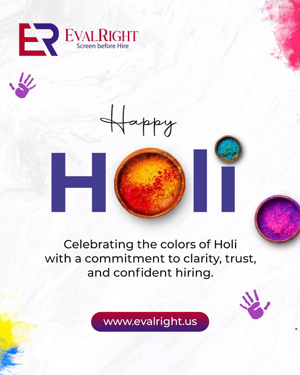 EvalRight's tweet photo. Happy Holi from EvalRight!
Celebrate clarity, trust &amp; confident hiring.
Reliable background screening &amp; pre-employment verification solutions.
Screen Before Hire
https://t.co/7rpIJRermZ

#HappyHoli  #BackgroundChecks #HiringSolutions #HRTech  #recruitment  #Compliance https://t.co/yMZ0M9l9q6
