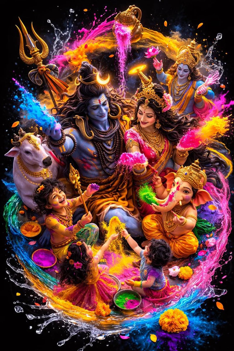 Blessed Holi with Shiva Parivar, divine colors shower eternal blessings.                 🫟🎊🌺