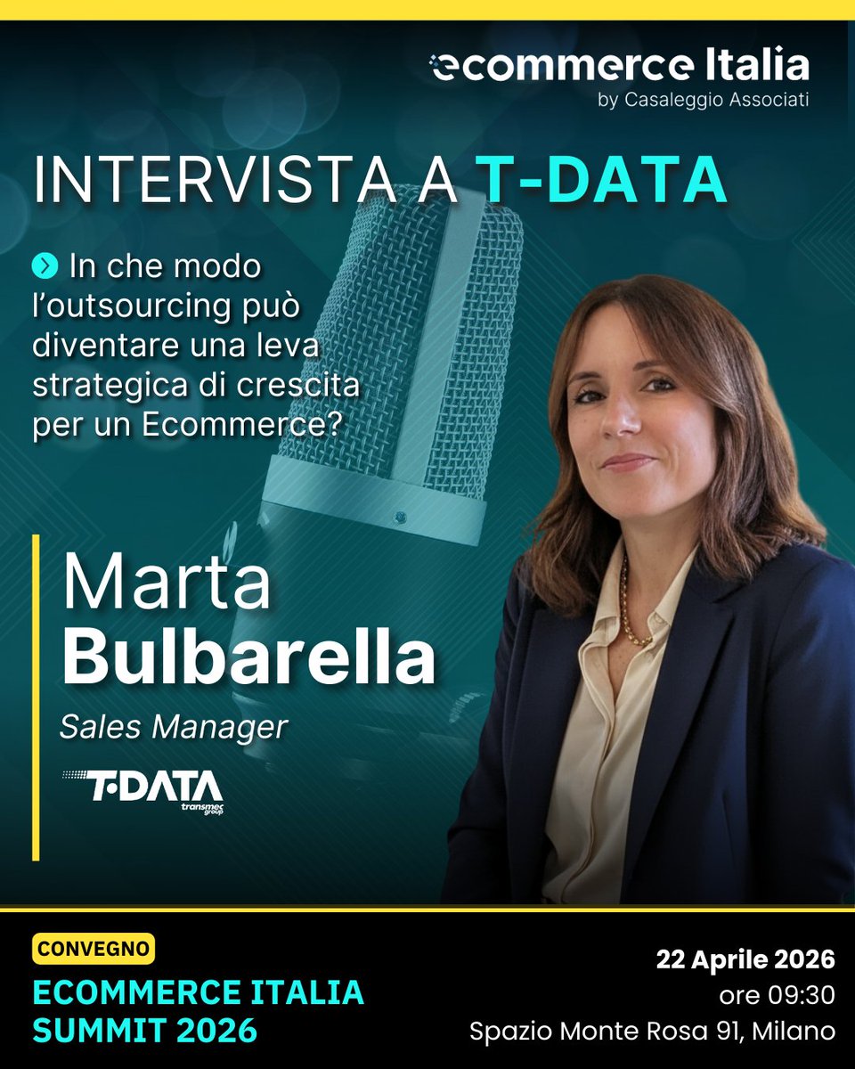 📌 In che modo l’outsourcing può diventare una leva strategica di crescita per un Ecommerce?

🗣️ Abbiamo posto alcune domande a Marta Bulbarella, Sales Manager di T-Data, Partner del nostro evento "Ecommerce Italia Summit 2026" del 22 aprile a Milano.

ecommerceitalia.info/news/intervist…