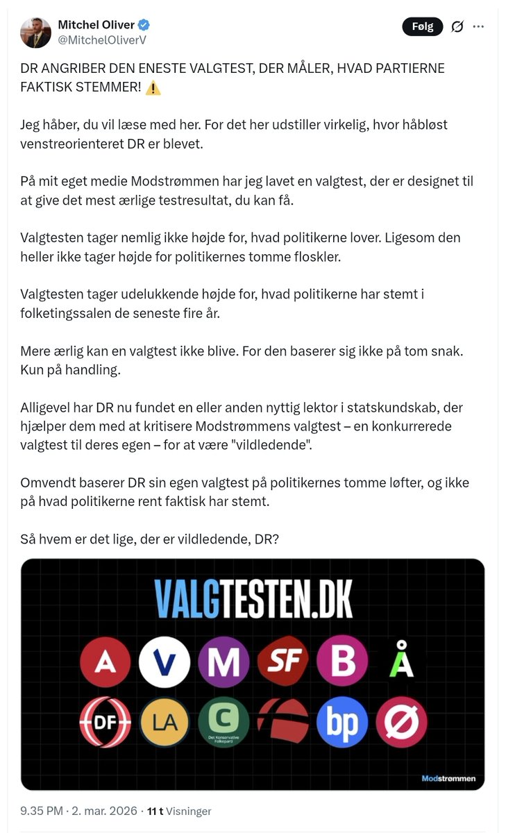Nej, <a href="/MitchelOliverV/">Mitchel Oliver</a>. Kritikken er hverken politisk eller fra DR. Kritikken er fra en forsker i valgtests.
Igen oplever vi, hvordan Dansk Folkeparti forsøger at delegitimere forskning.

Trumpismen ikke blot klæber til partiet. Den er indlejret i Dansk Folkeparti. #dkpol #fv26