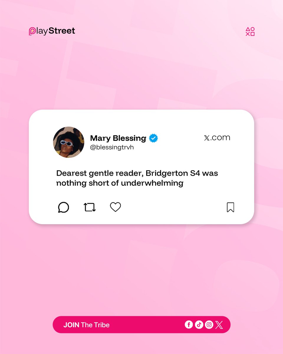 PlayStreetNG's tweet photo. What does the street really think about Bridgerton S4?
Swipe to find out.
Did your review make the cut? If not, we want to hear from you too
Drop your thoughts in the comments and let’s talk!
#PlayStreet #BridgertonS4 #Netflix https://t.co/UrLTUfIwvj