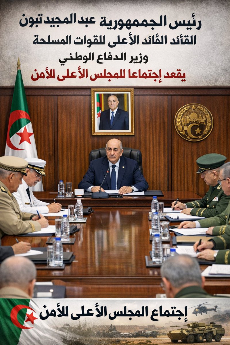 arma_dz's tweet photo. 🔴 إجتماع المجلس الأعلى للأمن برئاسة السيد رئيس الجمهورية القائد الأعلى للقوات المسلحة، وزير الدفاع الوطني

#وزارة_الدفاع_الوطني_الجزائرية https://t.co/SCuG5Pd9ng