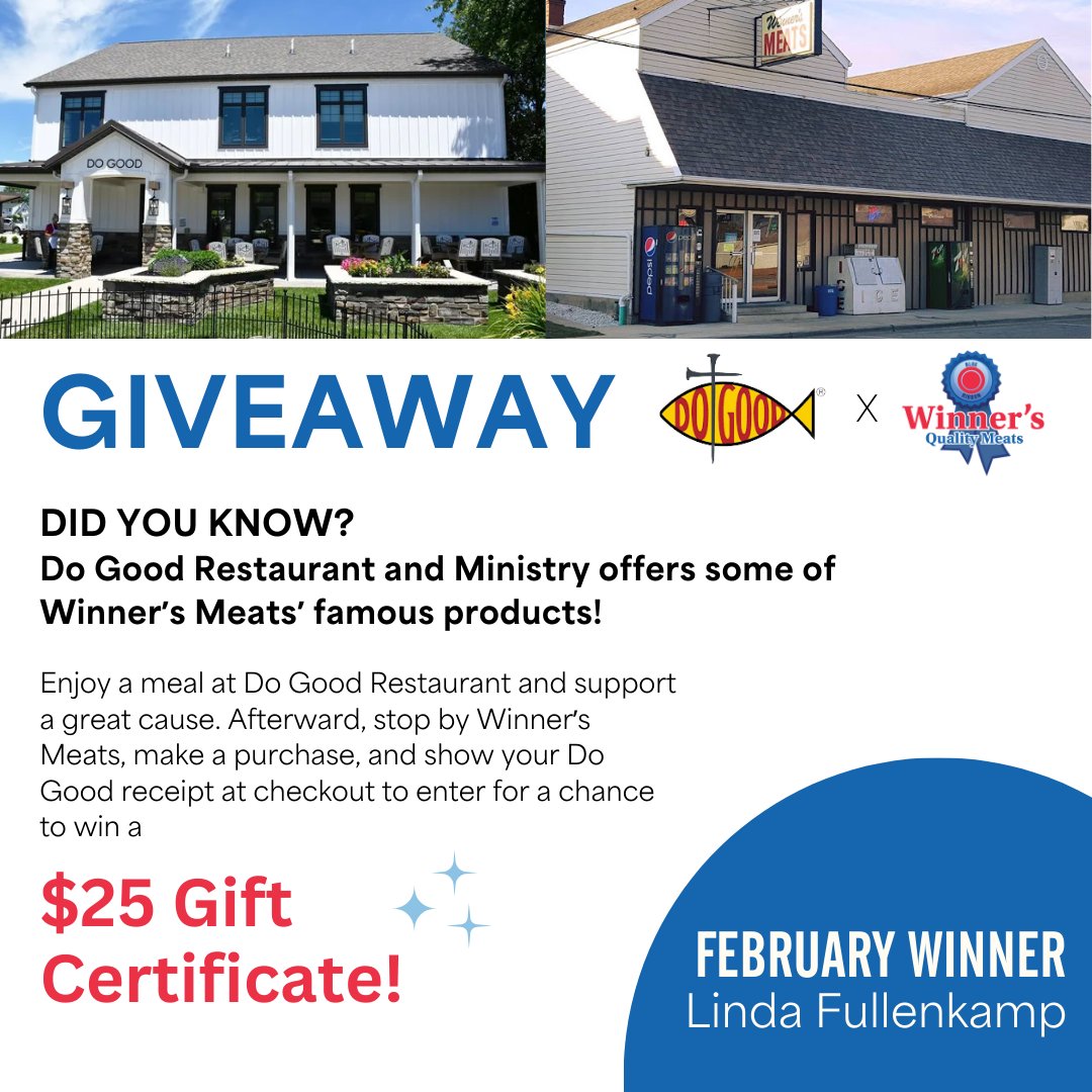 🎉 A big congratulations to Linda Fullenkamp, our February $25 gift card giveaway winner!

Want to be our next winner? Simply show your Do Good receipt along with your purchase of a Winner’s meat product to be entered into this month’s drawing.