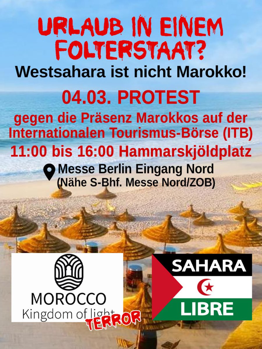 BerlinDemo's tweet photo. 💥Announcement! Wednesday 04.03.2026💥
🇪🇭 ✊🏾Holiday in a torture state? Western Sahara is not Morocco!✊🏾 🇪🇭
Wednesday, 04.03.2026 | 11:00 a.m. | Hammarskjöldplatz 14055 Berlin
📣 Call to action: https://t.co/w3C8wZG0xg - @inter_fhain
#b0403 #FreeWestsahara
1/2 https://t.co/2LluraUtjr