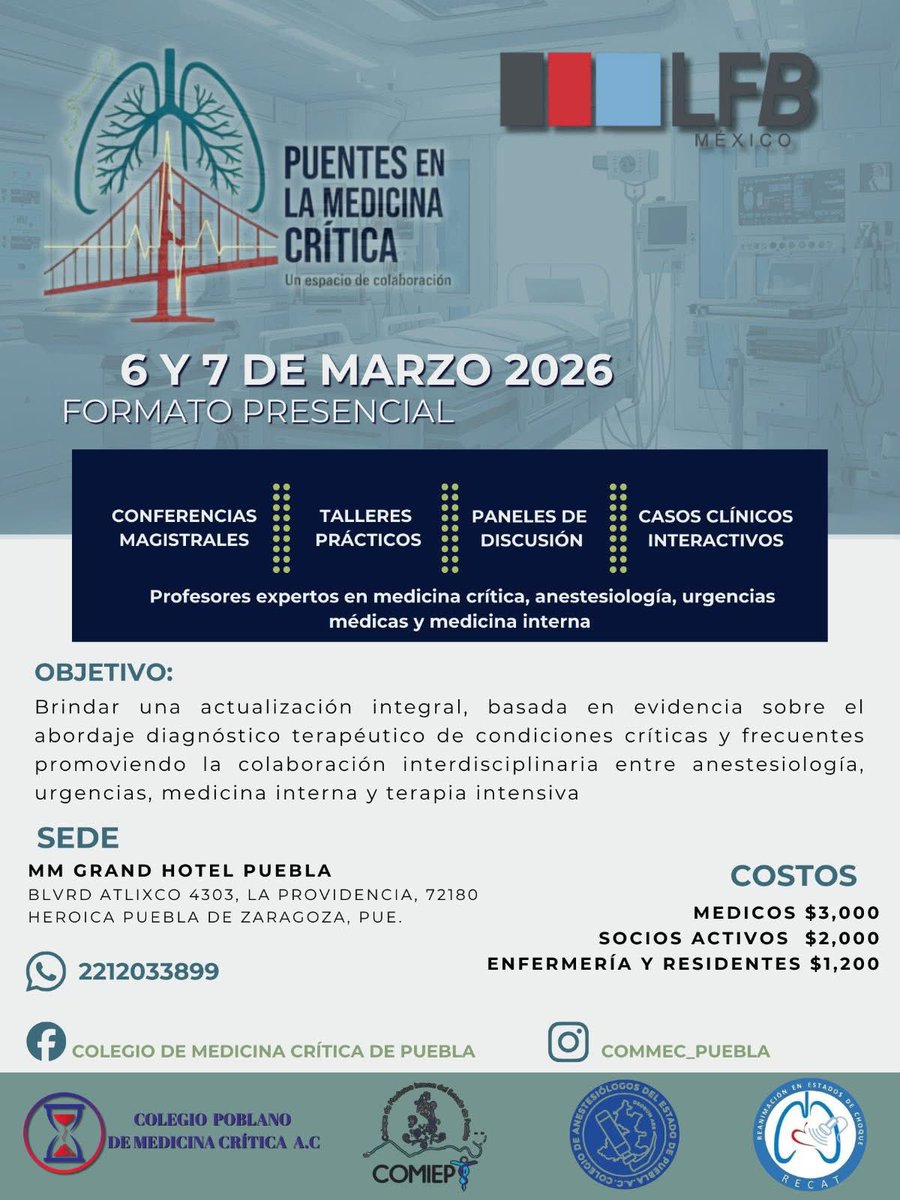 Dr_Dive's tweet photo. Solo unos días para “Puentes en la medicina crítica” 🌉
Un evento donde todas las áreas en contacto con paciente crítico se reúnen para aportar su experiencia. 
🗓️ 6 y 7 de Marzo 2026
📍 🏨 M&amp;M #Puebla https://t.co/OGLimWBrpL