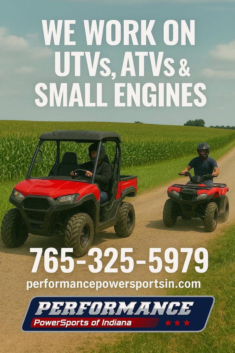 INPowersports's tweet photo. 🚜🔧 We work on UTVs, ATVs &amp; small engines! 🔧🚜

Service, repairs, and pick-up &amp; delivery at Performance PowerSports of Indiana.

Call: 765-325-5979
https://t.co/9okvzEBRnp

#UTV #ATV #SmallEngineRepair #Indiana #PowerSports #SupportLocal #GetOutside https://t.co/8SgtVIPE6V