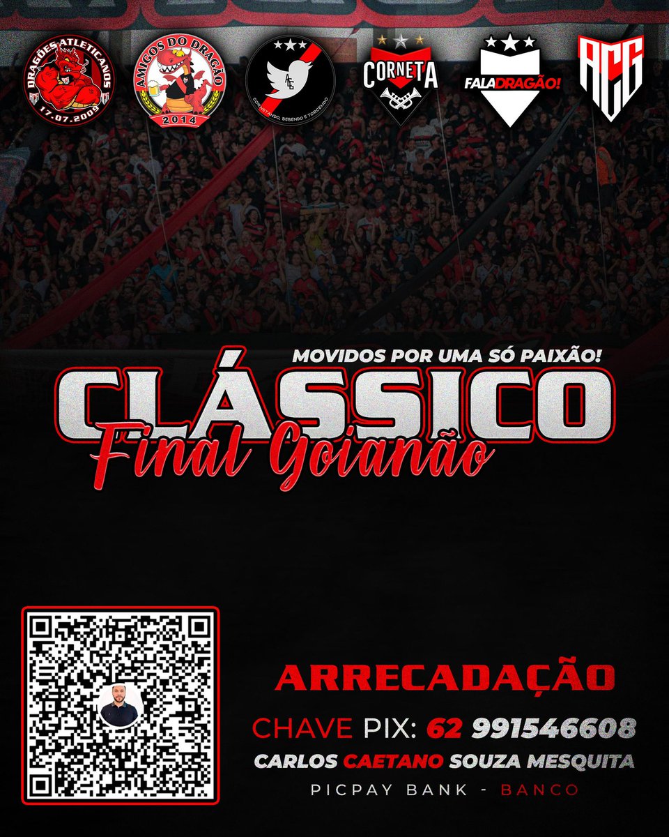 ⚫🔴 ARRECADAÇÃO 🔴⚫

Estamos arrecadando valores para a nossa festa na arquibancada na grande final

Estamos todos no mesmo propósito:
fortalecer o movimento em prol do Atlético Goianiense.

Quem é Dragão soma, fortalece e faz acontecer. 🔴⚫

Chave Pix: 62 991546608

 #TDA