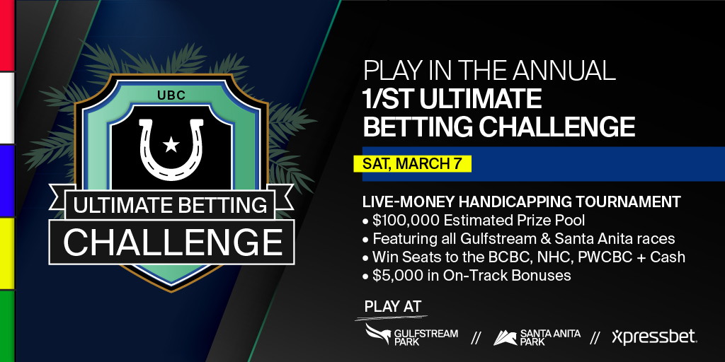 Quigleys_Corner's tweet photo. Monster one-day $6,000 Ultimate Betting Challenge (#UBC) live money tournament this Saturday (3/7), playable on track @GulfstreamPark or @santaanitapark or online nationwide @Xpressbet. Keep what you win, plus multiple tournament (#NHC, #BCBC, #PWCBC, #FloridaDerby & #SADerby) seats awarded. Additional $5K cash bonus if winner plays at SA! Details: https://t.co/uTkVFWi0fy