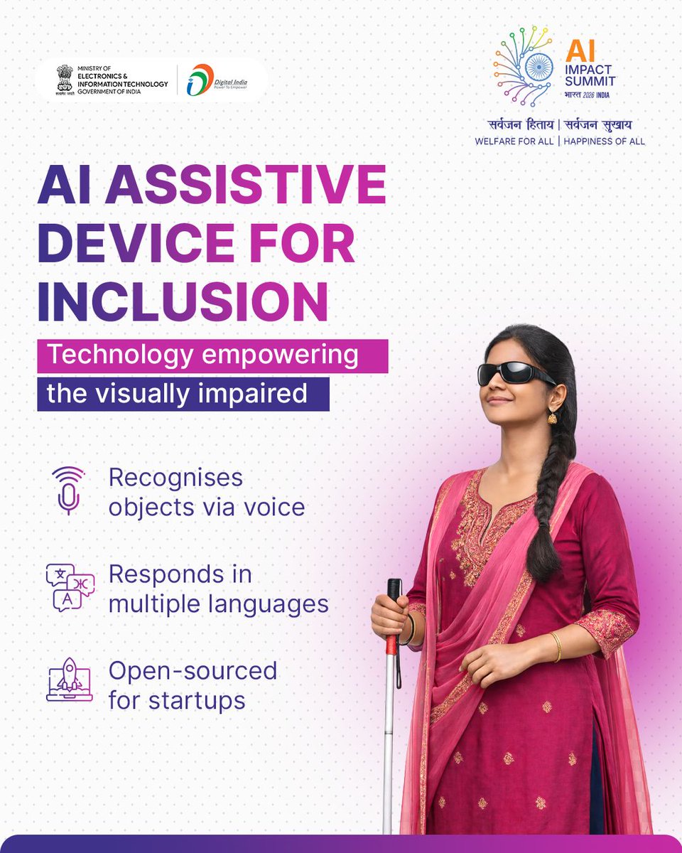 GoI_MeitY's tweet photo. AI that truly makes a difference  Technology empowering accessibility and inclusion for all. 

#IndiaAIImpactSummit2026 #DigitalIndia https://t.co/hEVVFEFKXr