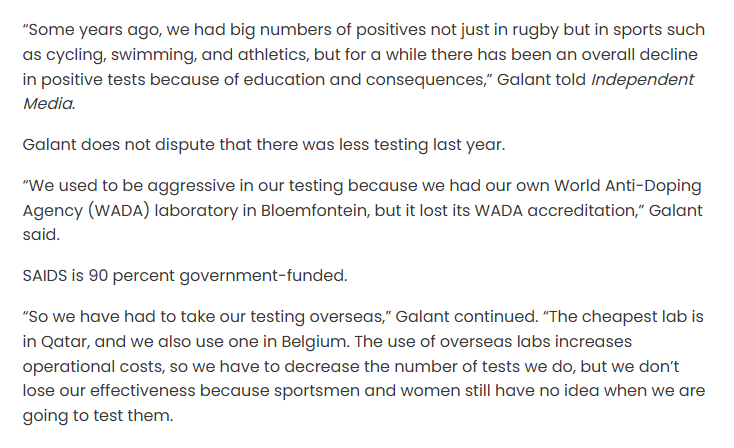 After the clickbait article in the Telegraph that insinuated Bok doping, some sober comments by Khalid Gelant, head of SAIDS. 
As I stated yesterday the WADA lab in Bloem lost its accreditation, hence tests have to be sent overseas, which increases costs. Thats why there has been