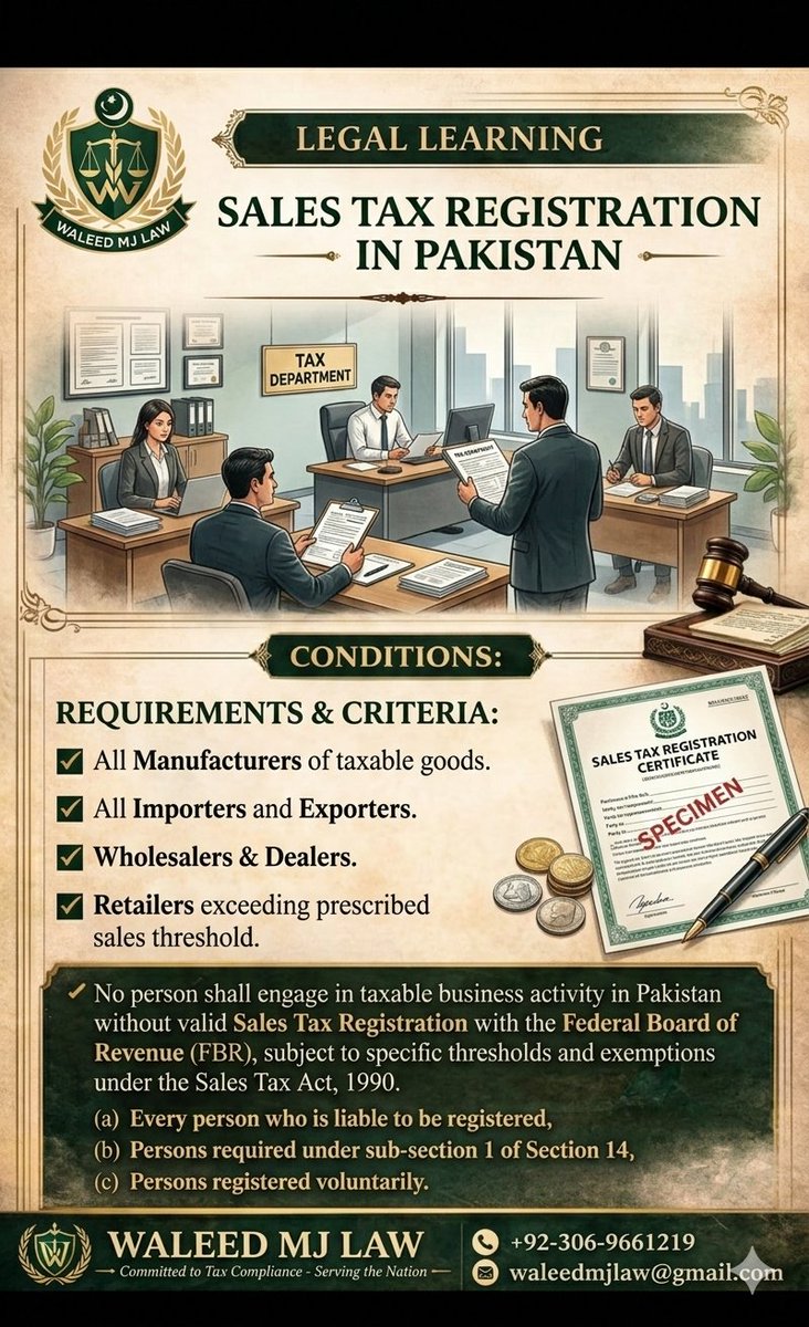 ShieldLaw1's tweet photo. Sales Tax Registration Pakistan – Do you need it?
✅ Manufacturers  
✅ Importers &amp; Exporters  
✅ Wholesalers &amp; Dealers  
✅ Retailers above threshold
No taxable business without #FBR #Sales_Tax Registration (Sales Tax Act 1990).  

 Get registered today!  

 +92-306-9661219 https://t.co/pWRrwzJSkW