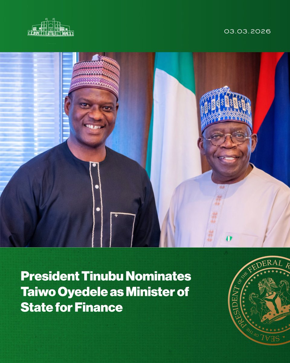 NGRPresident's tweet photo. President Tinubu Nominates Taiwo Oyedele as Minister of State for Finance.

@asovilladigital | @FinMinNigeria | @taiwoyedele https://t.co/QgkFixFGpR