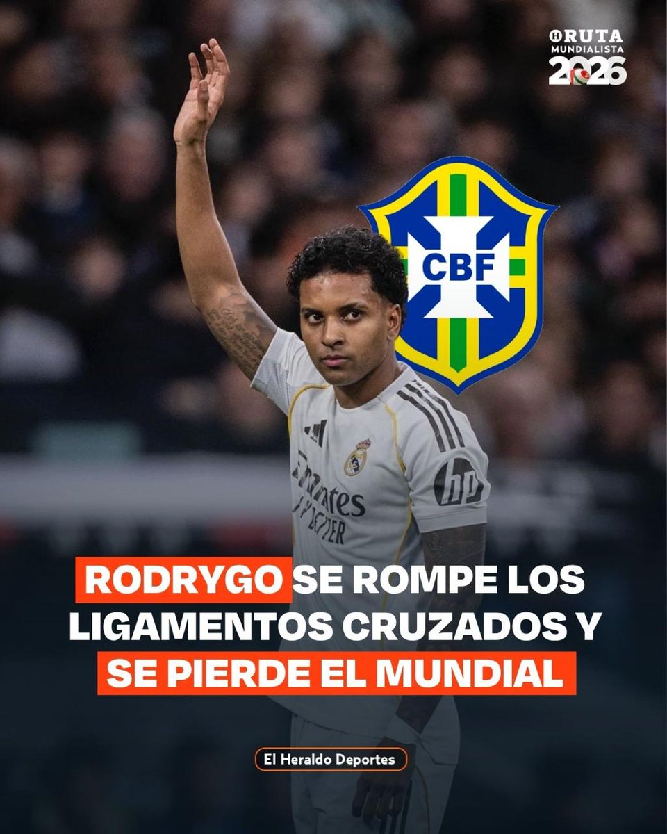 #LoÚltimo 🔴 Rodrygo Goes se rompió los ligamentos cruzados y se perderá el resto de la temporada con el Real Madrid y la Copa Mundial con Brasil. El futbolista tendrá entre 6 y 7 meses de recuperación. Baja sensible para el conjunto sudamericano.