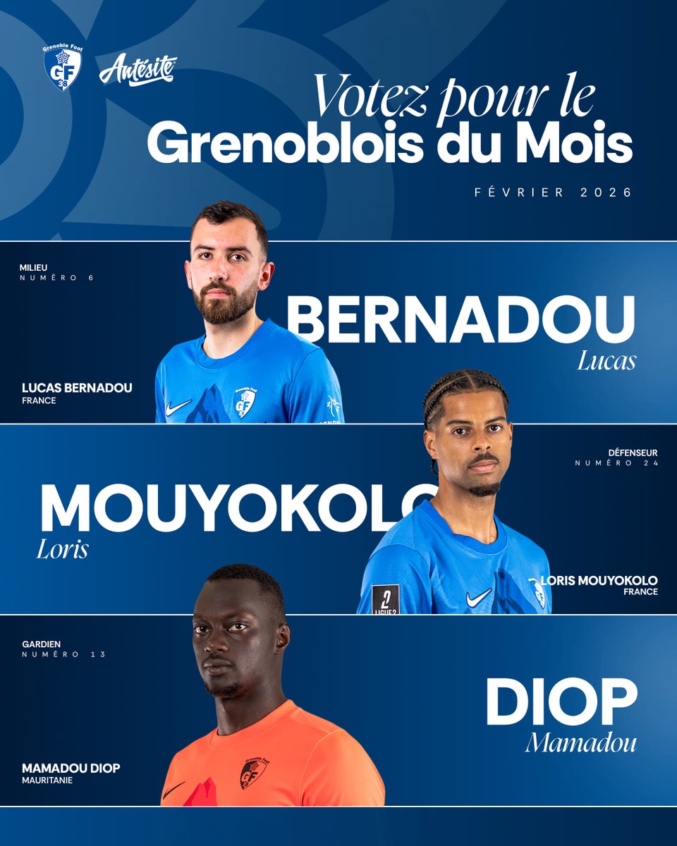 GF38_Officiel's tweet photo. 𝗤𝘂𝗶 𝘀𝗲𝗿𝗮 𝗹𝗲 𝗚𝗿𝗲𝗻𝗼𝗯𝗹𝗼𝗶𝘀 𝗱𝘂 𝗺𝗼𝗶𝘀 𝐝𝐞 𝐟é𝐯𝐫𝐢𝐞𝐫 𝟐𝟎𝟐𝟔 ?

Ce mois-ci, vous avez l’occasion de départager Lucas Bernadou, Loris Mouyokolo et Mamadou Diop !

🗳️ Votez ici : https://t.co/CwSZKJptD1

#GF38 #Antésite #GrenobloisDuMois https://t.co/RZc9tgttdr