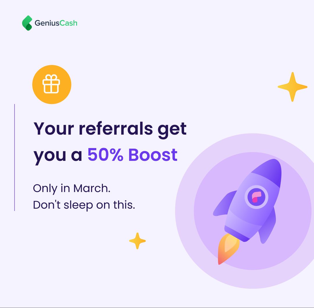 moneyGeniusCA's tweet photo. Your referrals just got a glow-up.

For March only, every friend you refer gets you a 50% Boost instead of the usual 20%.

Here’s what that means in real numbers:

💸 $50 offer → you get $75
💸 $150 offer → you get $225
💸 $400 offer → you get $600

That’s a meaningful jump. https://t.co/Sk2kevUDfe