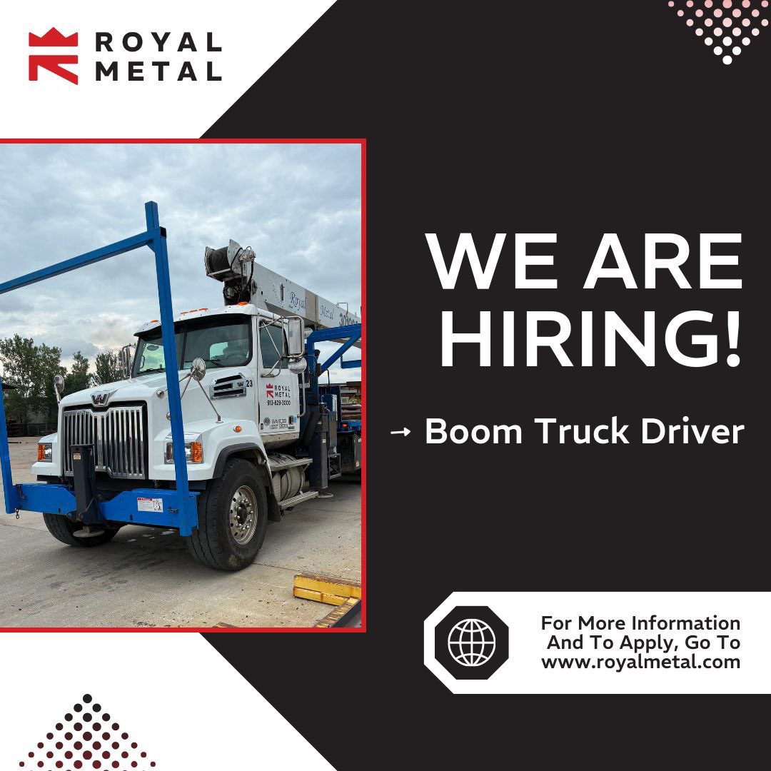 Join our team - we’re hiring a Boom Truck Driver!

You’ll be responsible for delivering, setting, and welding steel beams and columns for new residential construction projects.

Visit the Careers page on our website for the job description and to apply: royalmetal.com