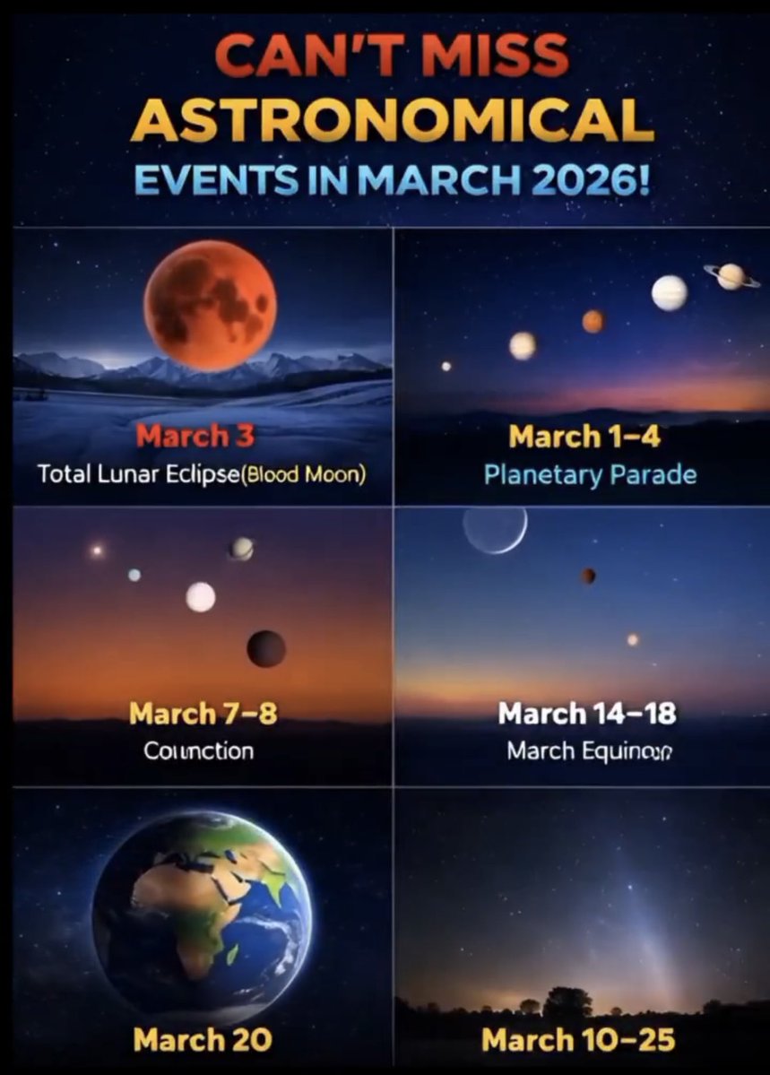 CAN'T MISS ASTRONOMICAL EVENTS IN MARCH 2026!
March 3
Total Lunar Eclipse(Blood Moon)
March 1-4
Planetary Parade
March 7-8
Colnction
March 14-18
March Equinon
March 20
March 10-25

Source Unknown found on X

#ThirdEyeLive #bryanmbowden #markeddy