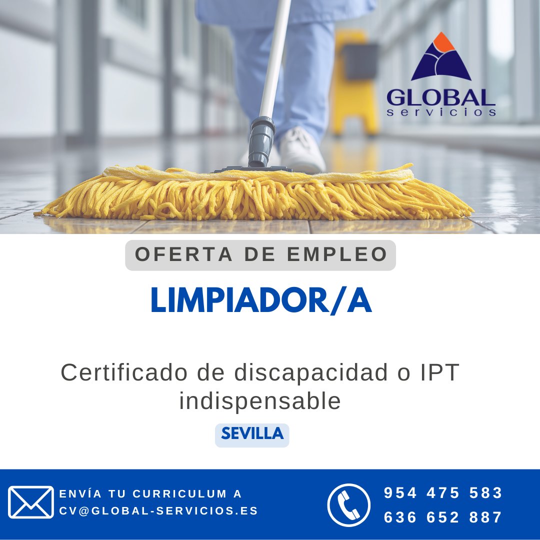 GlobalServ15's tweet photo. Operario/a de Limpieza con certificado de discapacidad (≥33%)

📍 Tomares
🕓 L-V de 16:00 a 20:00
⏳ 20h semanales
💶 717€ brutos/mes
📄 Contrato según convenio

Imprescindible certificado de discapacidad 
📩 Envía tu CV a cv@global-servicios.es
📞 954 47 55 https://t.co/YBEjpdzeco