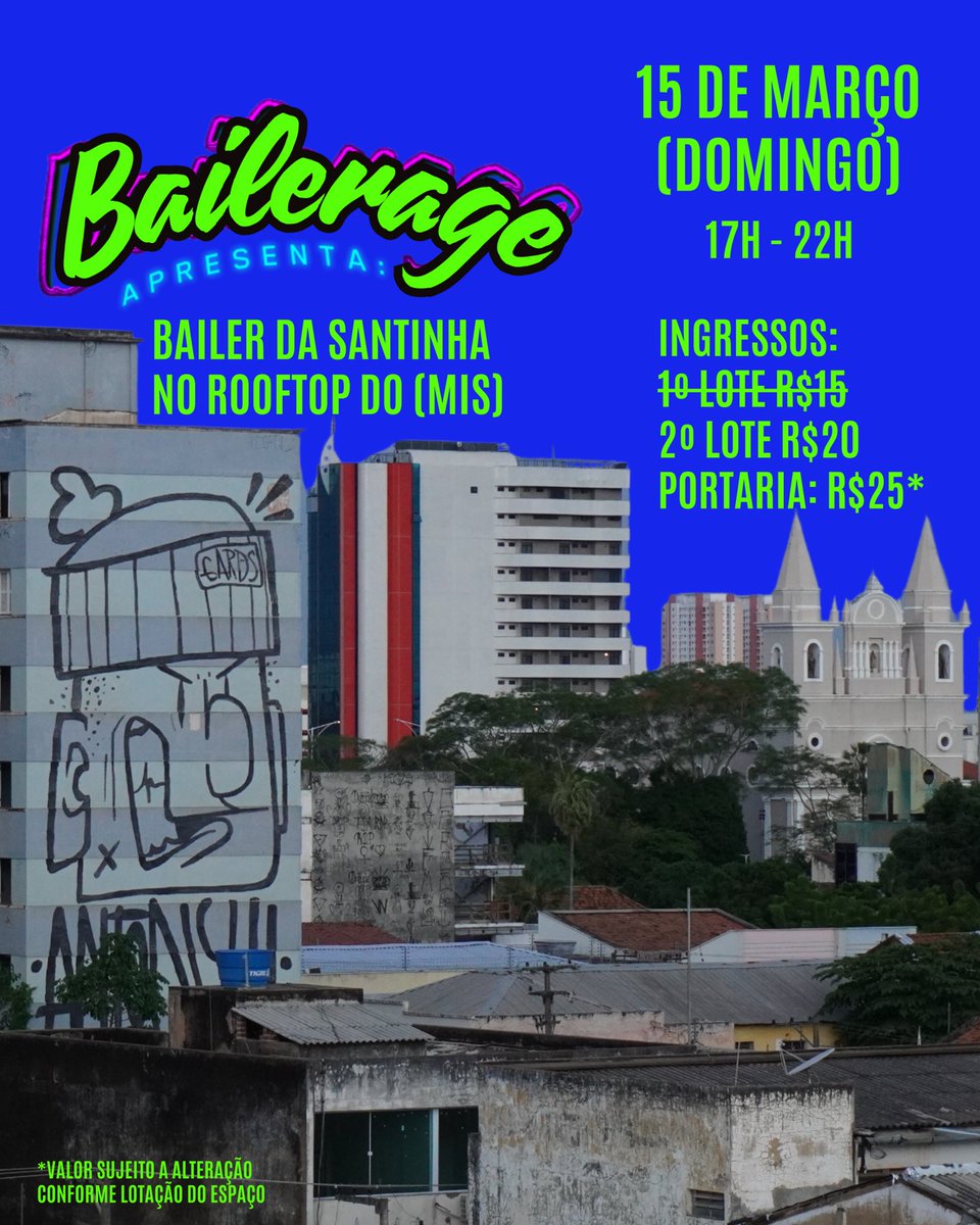 bailerage's tweet photo. Dia 15 de março, domingo, te convidamos para uma experiência sonora de amor e pertencimento no II Bailer da Santinha, no rooftop do MIS. Nosso convite é para a contemplação e a criação de vínculos com o Centro Histórico de Teresina. https://t.co/uOHrD6E4VK