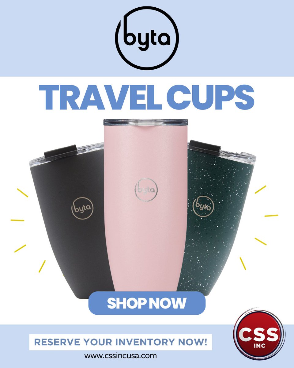 CSSInc_USA's tweet photo. Byta Travel Cups &amp; Mugs
Explore a wide selection of Byta travel cups and mugs available at great pricing. Multiple colors, eye catching designs, and a variety of sizes to fit every customer’s needs.

📩 Contact your CSS representative to secure your inventory before it’s gone! https://t.co/Q0oJZZxuxD