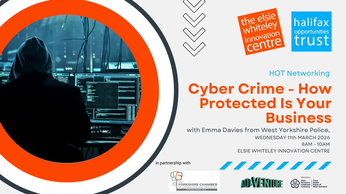 MidYorksChamber's tweet photo. 🔐 Is your business protected against cyber crime?

Join us at the next #HOTNetworking event — 11 March, 8–10AM, @ElsieWhiteley! 

Guest Speaker Emma Davies from @WestYorksPolice shares practical cyber resilience tips —  https://t.co/Rvl5EyxIvi 

#cybercrime https://t.co/O2JdbgDohx