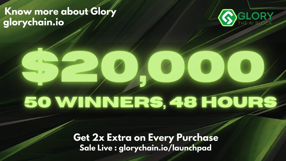 🔥🚀 $20,000 worth $GLORY token 🚀🔥

50 Lucky Belivers win $400 Each💸

To enter:
• Follow, Like, RT + 🔔
• Tag 3 Friends
• Drop your BSC Wallet 👇

Most Supportive Participants will be Noticed. Rewards in 48 Hours 🔥🪂

⏳ 48 Hours. 

#Glorychain #Airdrop #BSC #BNBChain #AI