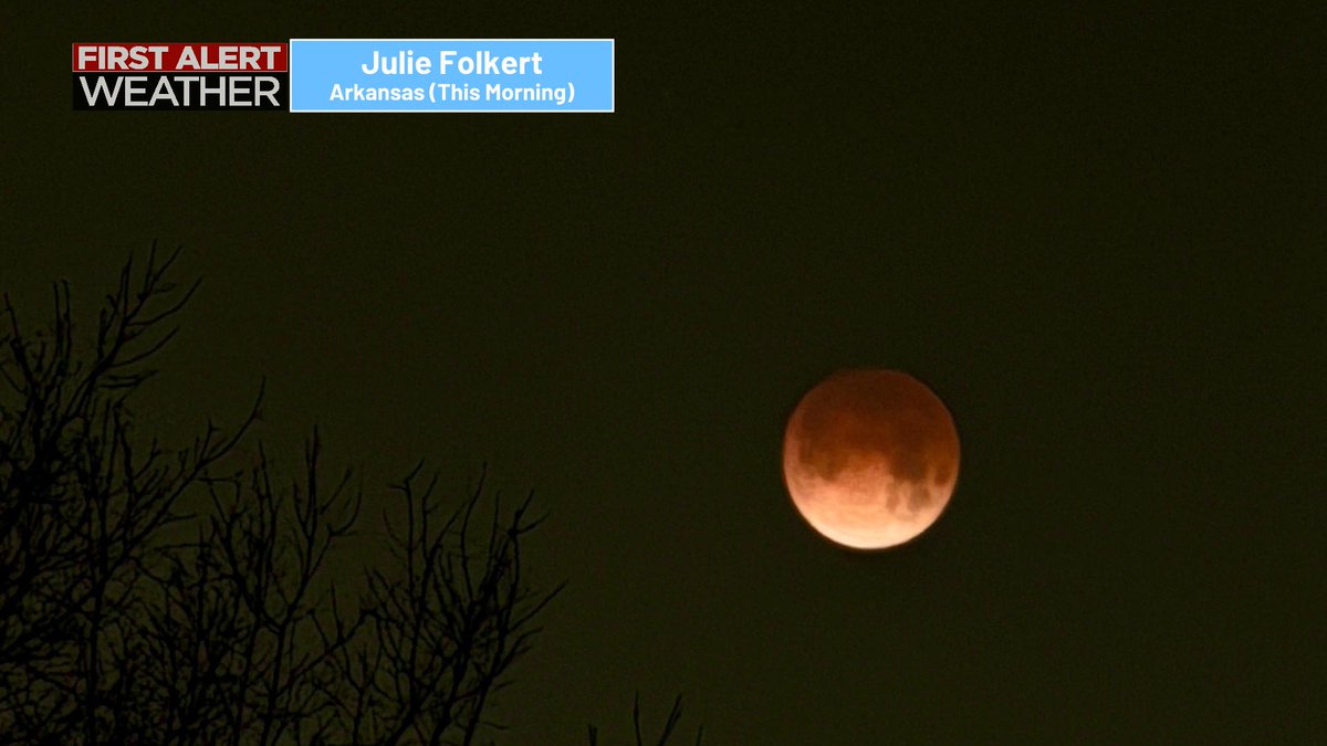 Ted_Schmidt's tweet image. Thick cloud cover and spotty rain showers prevented us from seeing the full lunar eclipse this morning, but a local viewer visiting Arkansas was kind enough to send us this photo of the blood moon. #kttcwx #photo