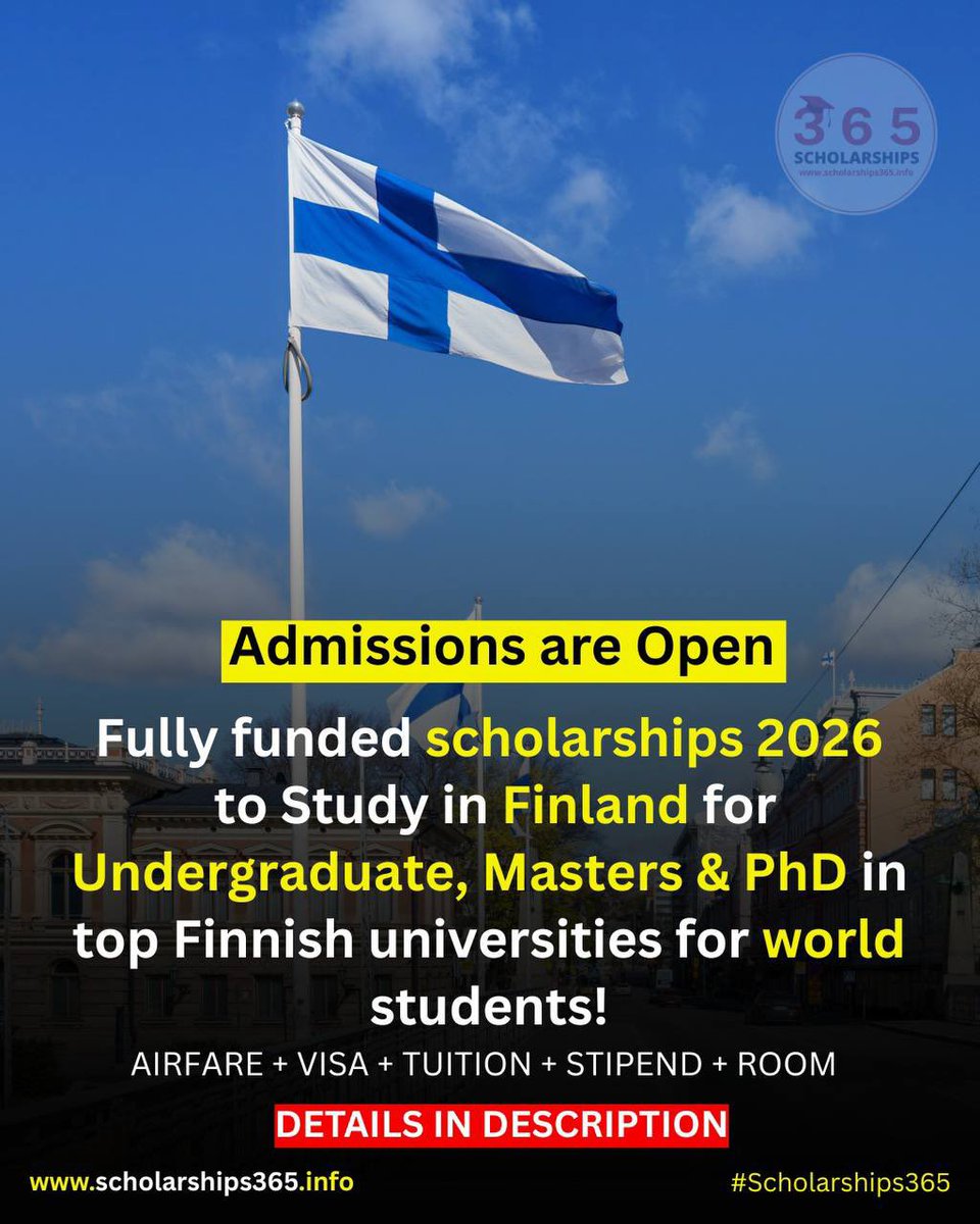 Fully Funded Finland Scholarships 2026 for Undergraduate, Masters and PhD?  for World Students!

No Agent - Direct Apply

👉 Apply Link: scholarships365.info/scholarships-t… 

Degree: Undergraduate, Master and PhD

Countries: All Countries Students

Benefits: Fully Funded Scholarship Programs
