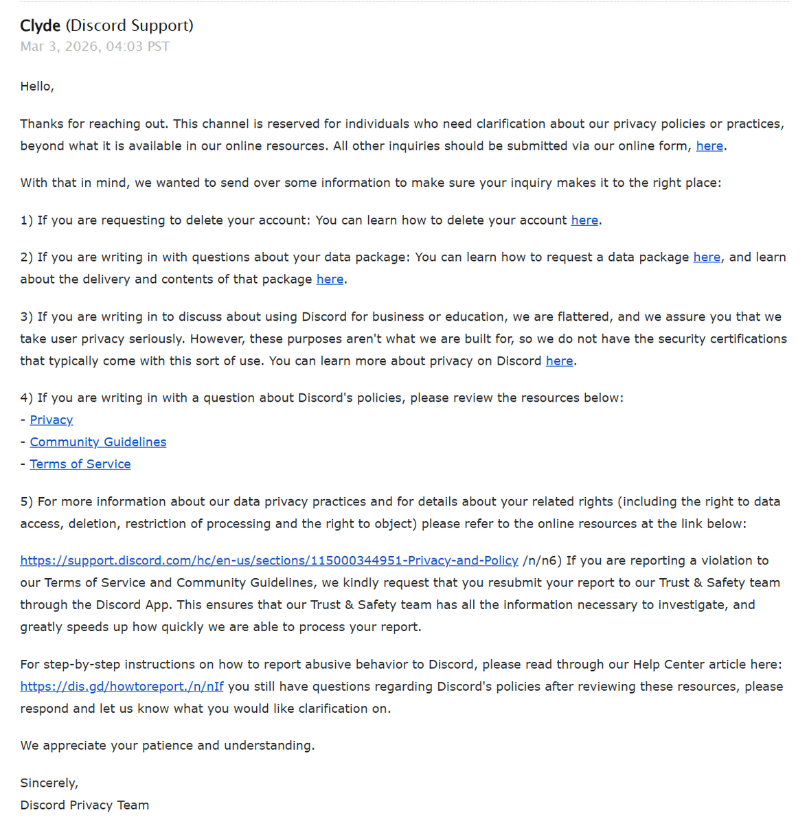 Hey <a href="/discord/">Discord</a>, hate to have to post this publicly, but:

You wanna tell me why you age-restricted our official Summitsphere server without warning? And why the portal you tell me to use to make a dispute tells me "No, this isn't the right place to do that"? <a href="/discord_support/">Discord Support</a>