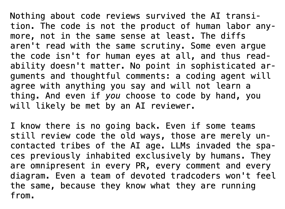 distantprovince's tweet photo. Code reviews are definitely dead and many of us, including myself, are grieving. I don't know how things will turn out, but I felt the need to write a farewell. ⬇️ https://t.co/qFDEyxCtJr