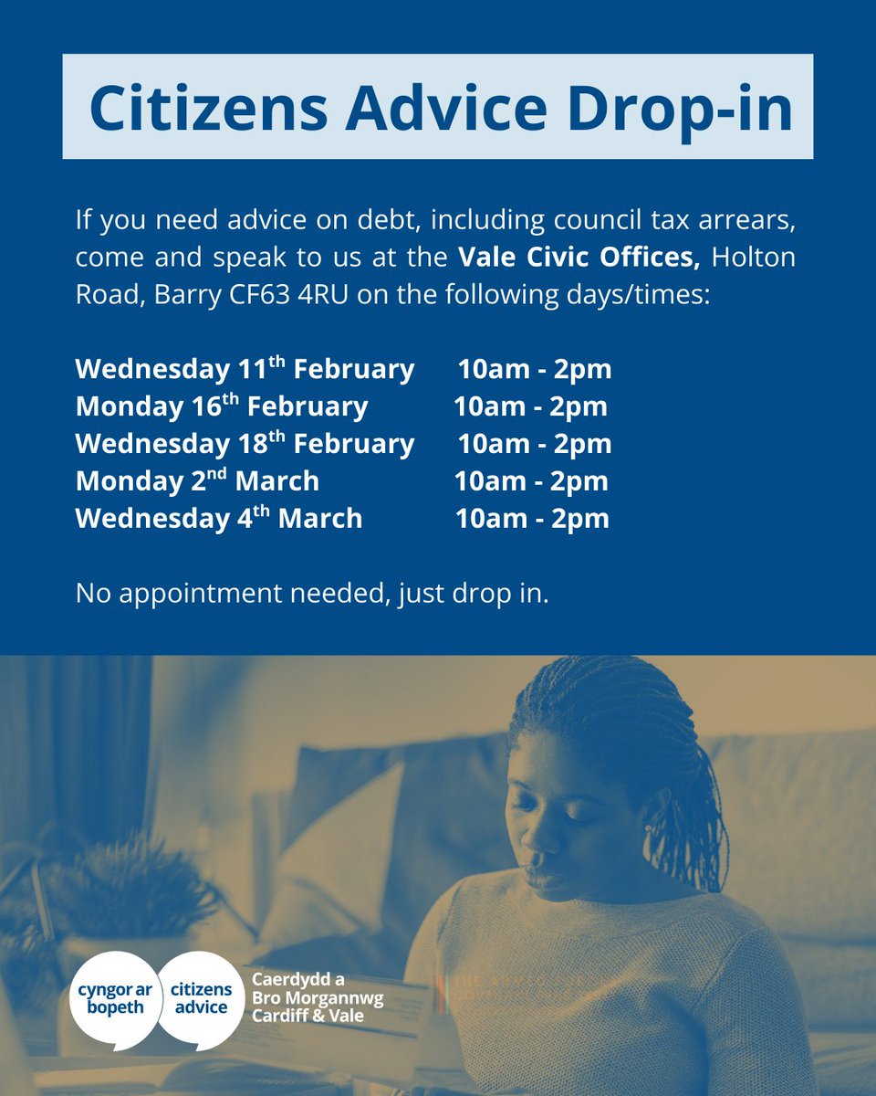 If you need advice on debt, including council tax arrears, come and speak to us at the Vale Civic Offices, Holton Road, Barry.

We're here today between 10am and 2pm. No appointment needed, just drop in.