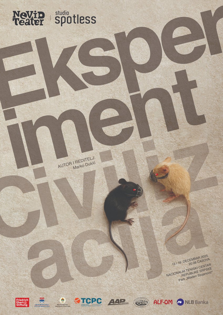 Nevid teatar i Studio Spotless predstavljaju autorsku predstavu „Eksperiment: Civilizacija“ — Premijera 15. decembra u Banjoj Luci

nevidteatar.com/eksperiment-ci…