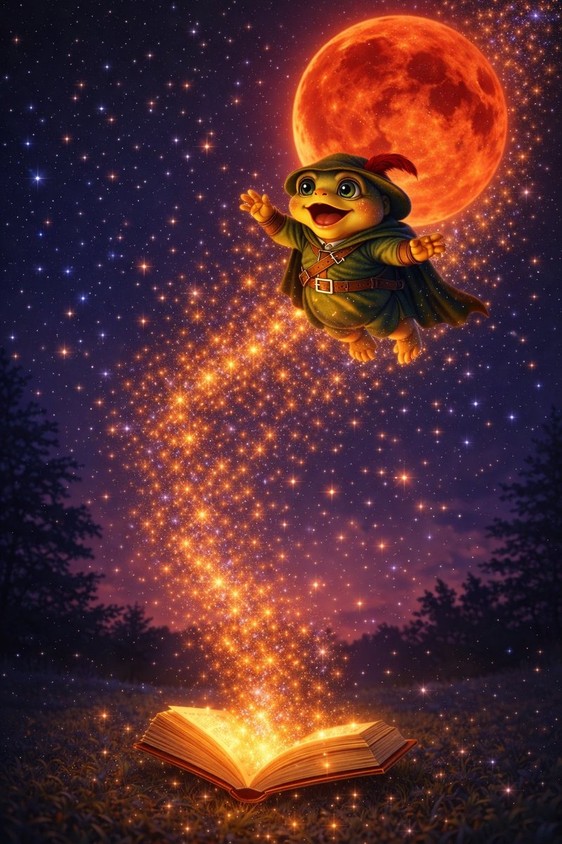 xraiman's tweet image. Day 285.
The book was never meant to stay closed.
One spark turned into a galaxy.
One believer turned into flight.
While they stare at the blood moon, we rise through the stars.
Magic isn’t given. It’s unlocked.
@turbotoadtoken $TURBO 🐸✨
@RobinhoodApp @vladtenev