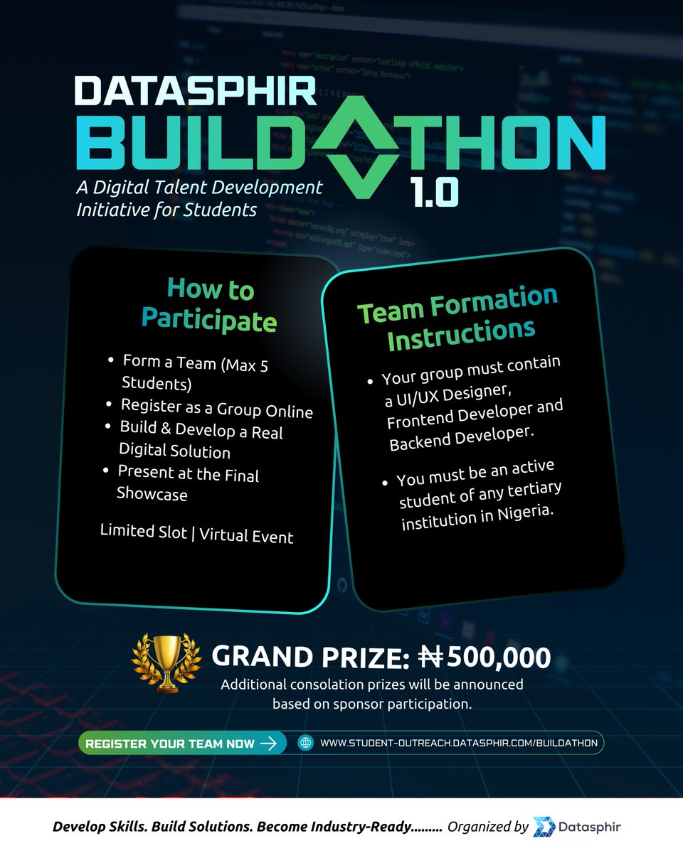 Datasphir's tweet photo. 🚀DATASPHIR BUILDATHON 1.0 IS LIVE
A Digital Talent Development Initiative for tertiary institution students across Nigeria
Build real solutions.
Gain practical experience.
🏆Grand Prize: ₦500,000
Register now👇
https://t.co/G85o5ry2ZM
#DatasphirBuildathon #DigitalTalent https://t.co/gY2dAKx5g4