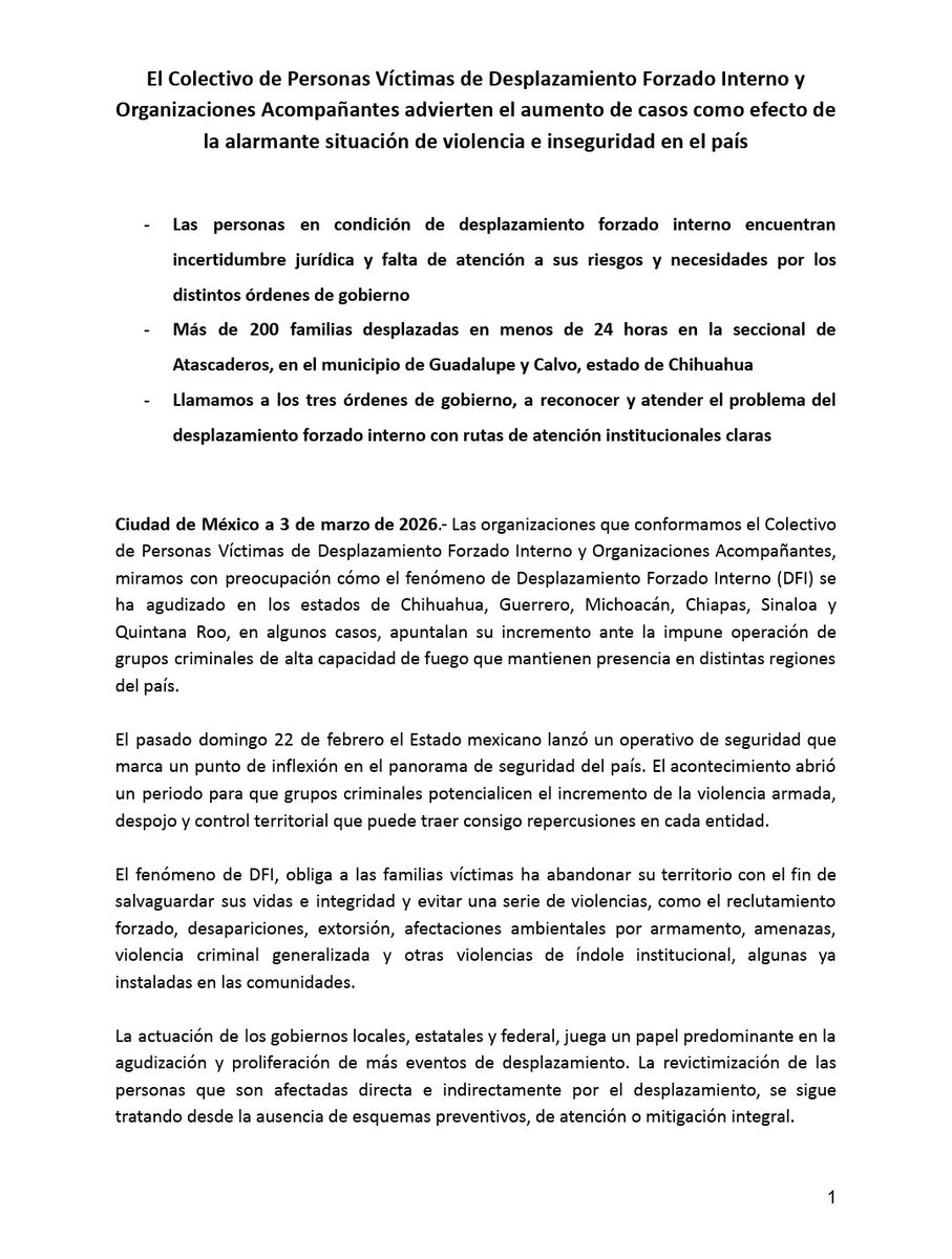 SerapazMexico's tweet photo. 🚨 Crisis de #DesplazamientoForzadoInteeno en México
Las organizaciones y comunidades integrantes del Colectivo @DesplazadosEnMx denunciamos que la violencia e inseguridad en #Chihuahua, #Guerrero y #Michoacán obliga a cientos de familias a abandonar todo para salvar sus vidas. https://t.co/p5gKS4SgqU